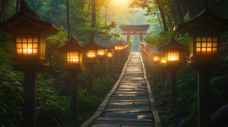 Path lined with traditional Buddhist lanterns in forest leading to a shrine, calm composition and open spaceの素材