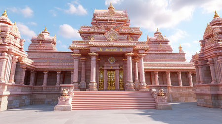 Majestic temple entrance with carved columns and golden ornaments, set against blue sky with open space for designの素材