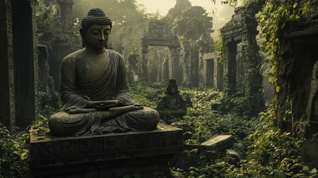 Weathered Buddha statue in jungle ruins, natural overgrowth and soft light with empty space aroundの素材