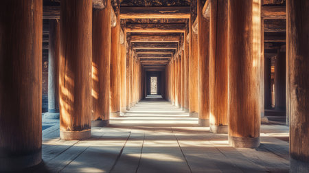 Peaceful temple corridor with wooden pillars casting shadows, open-air design and minimalism with copy spaceの素材