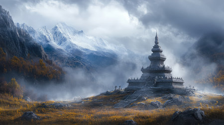 A stupa with detailed stonework, set against a foggy morning landscape with natural light filtering through and surrounding spaceの素材