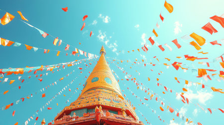 Wide view of a stupa with prayer flags fluttering in the breeze, set against a bright blue sky with open space for contentの素材