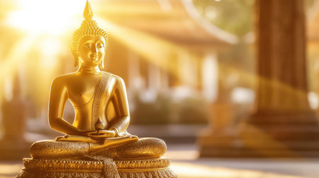 A serene golden Buddha statue seated on a cushion, with sunlight softly illuminating the figure against a blurred temple backdrop and open space for contentの素材