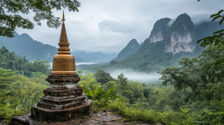 A stupa set against a backdrop of misty mountains and lush forest, framed by peaceful surroundings and open copy spaceの素材