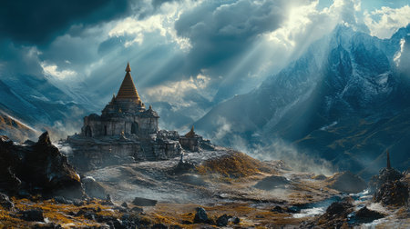 A stupa under a stormy sky, surrounded by rugged terrain, natural light breaking through clouds and providing ample spaceの素材