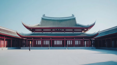 Traditional Asian temple with curved rooftops under clear sky, spacious courtyard and architectural symmetry with copy spaceの素材