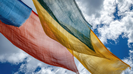 Flowing prayer flags fluttering against a bright sky, symbolizing compassion and wisdom with room for visual breathing spaceの素材
