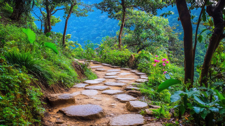 View of a sacred Buddhist mountain path with prayer stones along the way, natural setting and calm spaceの素材