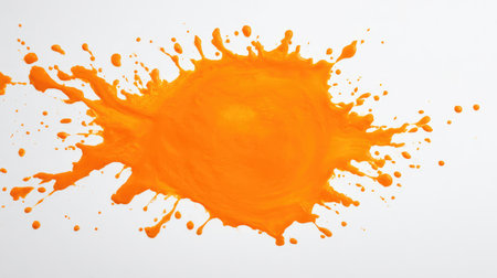 A vibrant splash of orange paint against a clean white background, ideal for art, design concepts, or creative projects. This striking image captures dynamic energy.の素材