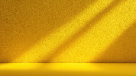 A vibrant yellow wall creates a dynamic background with textured surface and soft shadows, perfect for various design and creative projects that call for warmth.の素材