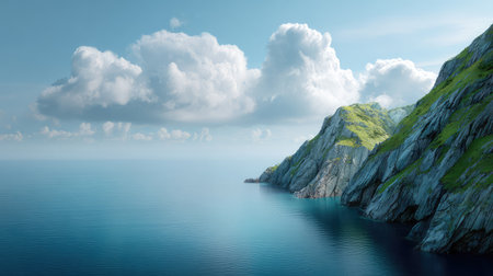 A breathtaking coastal scene featuring rugged cliffs and soft hills above serene azure waters, framed by a clear sky with fluffy clouds, ideal for nature enthusiasts and travel inspiration.の素材