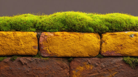 A close-up view of a textured brick wall adorned with vibrant green moss and grass, illustrating nature's stunning ability to reclaim urban spaces through growth and life.の素材