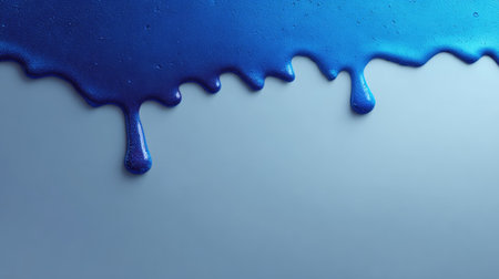 Bright blue paint drips gracefully downward, creating an artistic texture against a soft gray background, perfect for design projects and creative expressions.の素材