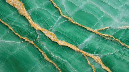 Stunning close-up of a vibrant green marble surface featuring striking gold veins. Perfect for design and decoration purposes, showcasing natural beauty and unique patterns.の素材