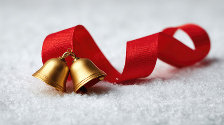 Gold bells adorned with a vibrant red ribbon lie on a snowy surface, creating a charming and festive atmosphere ideal for winter celebrations and holiday decorations.の素材