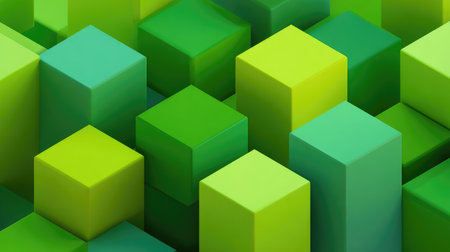 This vibrant image features an abstract arrangement of green cubes in various shades, creating a dynamic and modern pattern ideal for backgrounds and graphic design applications.の素材