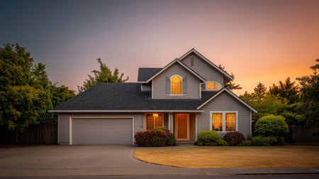 A picturesque two-story house adorned with beautiful landscaping, captured during sunset, creating a serene residential scene ideal for real estate or home decor themes.の素材