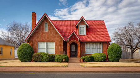 This image features a charming brick house with a striking red roof, surrounded by lush greenery and a welcoming pathway on a bright, sunny day in a picturesque setting.の素材