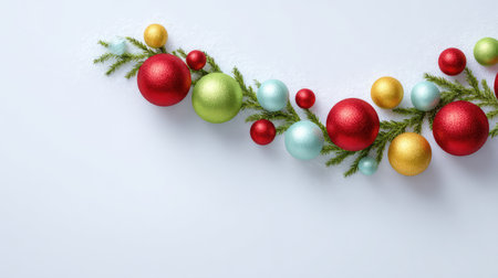 Vibrant and shiny Christmas ornaments in various colors with greenery on a light background, ideal for creating joyful holiday-themed designs and decorations.の素材
