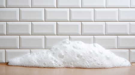 A serene image showcasing a mound of white soap foam on a wooden surface against a smooth white tiled wall, reflecting cleanliness and the essence of home hygiene practices.の素材