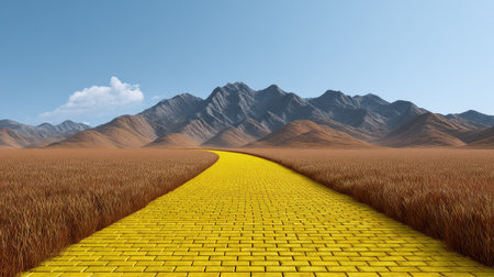 A stunning view of a yellow brick road stretching through a golden field, framed by majestic mountains under a clear blue sky, perfect for inspiring adventure and exploration.の素材