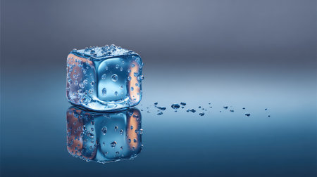 A striking ice cube sits on a reflective surface, adorned with water droplets, evoking a sense of coolness and refreshing vibes, perfect for beverage-related themes and still life compositions.の素材