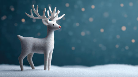 A charming white reindeer figurine stands elegantly on a snowy surface, surrounded by a serene blue background filled with gentle snowflakes, creating a magical winter mood.の素材