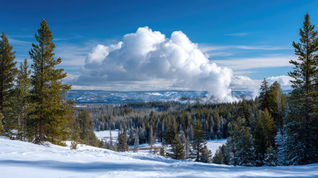 A stunning winter landscape captures snow-covered trees and dramatic clouds in a national park, showcasing nature's beauty under a bright blue sky in a serene setting.の素材