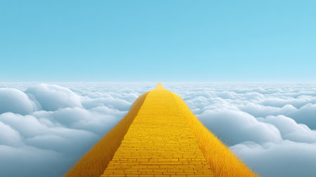 A vibrant yellow road stretches across a dreamy sky filled with soft white clouds, symbolizing a journey toward infinite possibilities and new adventures in an enchanting landscape.の素材