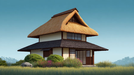 This image showcases a traditional Japanese house with a thatched roof, nestled in a green landscape, embodying tranquility and cultural beauty, perfect for serene settings.の素材