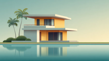 A vibrant modern house featuring a yellow facade stands out against a serene backdrop of palm trees and tranquil water, embodying minimalistic elegance and harmony with nature.の素材