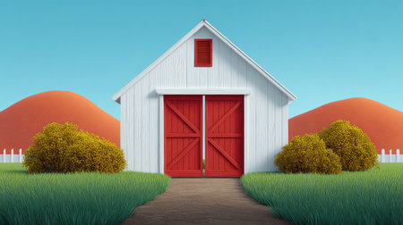 A picturesque white barn with striking red doors sits amidst a lush green landscape and vibrant orange hills, creating a perfect rural scene for various creative projects.の素材