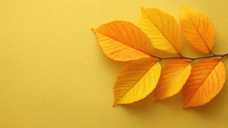 A stunning branch of golden orange leaves showcases the splendor of autumn set against a vibrant yellow background, creating a warm and inviting natural display.の素材