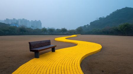 Captivating view of a yellow pathway leading through a tranquil park, featuring a wooden bench, lush greenery, and a serene atmosphere on a foggy morning.の素材