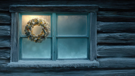 A serene winter scene captures a frosted cabin window adorned with a stunning holiday wreath glowing softly, evoking warmth and festive charm amid a snowy backdrop.の素材