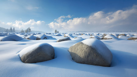 A stunning winter landscape showcasing snow-covered rocks and a vast expanse of white snow, complemented by soft blue skies and distant evergreen trees, evokes serenity and peace.の素材