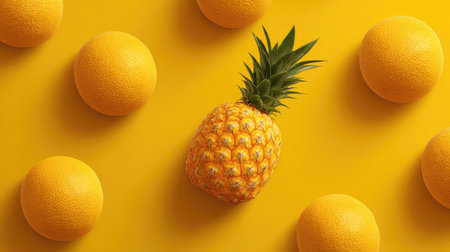 A vibrant pineapple sits center stage among bright oranges on a sunny yellow background, creating a lively and fresh composition ideal for culinary themes and summer vibes.の素材