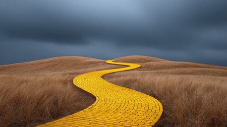 A winding yellow pathway cuts through undulating brown hills under a moody sky, offering a captivating visual that invites exploration and evokes a sense of adventure.の素材