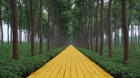 A captivating yellow brick pathway stretches through a peaceful forest, inviting viewers into a tranquil nature scene perfect for outdoor and travel themes.の素材