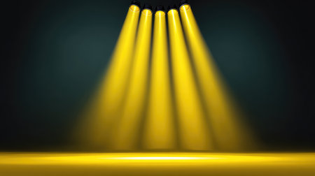 Bright yellow spotlights create a captivating atmosphere on a dark stage, enhancing the ambiance for various performances or events with striking light effects.の素材