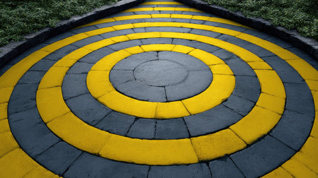 This image features a captivating circular pattern of yellow and gray stones, creating a unique design on a pathway surrounded by greenery, evoking feelings of tranquility and harmony.の素材