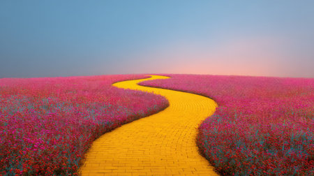 Discover a magical landscape with a winding yellow path bordered by blooming pink and blue flowers, creating a dreamy atmosphere under a pastel sky at dusk.の素材