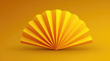 This striking image features a vibrant yellow paper fan with intricate folds against a matching background, ideal for various artistic uses, decorations, and design projects.の素材