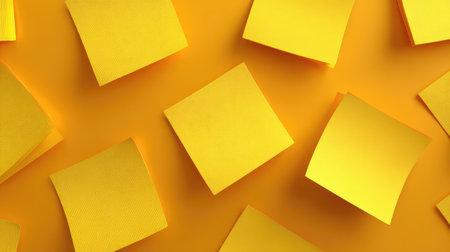 A collection of bright yellow sticky notes arranged on a vibrant orange background, ideal for themes of organization, planning, and creativity in a modern workspace.の素材
