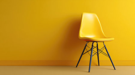 A striking yellow chair stands against a vibrant yellow wall, perfect for modern minimalist decor. Ideal for interiors that embrace simplicity and contemporary aesthetics.の素材