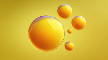 A stunning composition of vibrant yellow oil drops floating against a soft yellow background, highlighting the beauty and allure of liquid art in a minimalist style.の素材