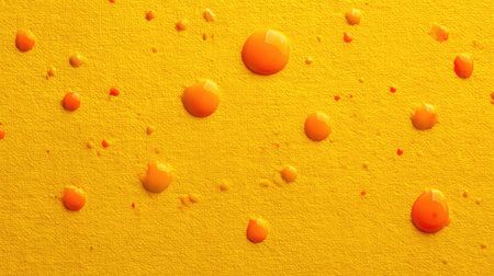 Vivid orange paint droplets rest on a bright yellow surface, creating a striking visual effect. This image is perfect for creative projects and art backgrounds.の素材