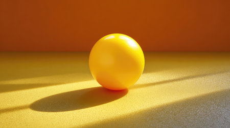 A smooth yellow sphere resting on a warm background casts soft shadows, creating a striking visual appeal. Ideal for artistic and creative inspiration in various projects.の素材