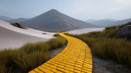 A picturesque journey unfolds on a winding yellow brick path, surrounded by lush grass and soft dunes, inviting exploration in a stunning natural setting.の素材