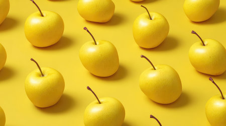 A visually appealing arrangement of bright yellow apples on a matching background, showcasing freshness and vibrancy, ideal for culinary and health-themed projects.の素材